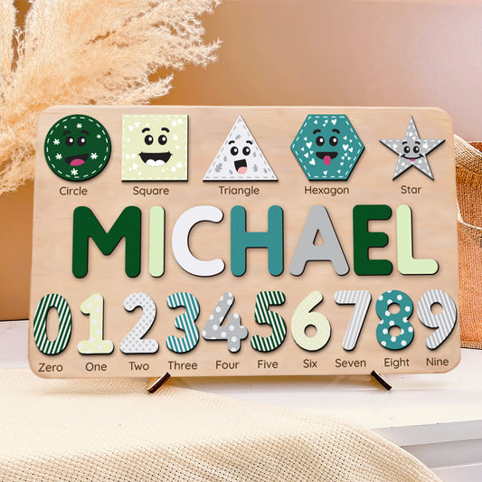 Personalized Wooden Shaped & Numbers Name Puzzle, Wooden Montessori Toys NP20