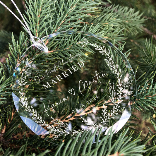 Personalized First Christmas Married Glass Ornament, Our First Christmas Married as Mr and Mrs Ornament, Wedding Glass GX05-14