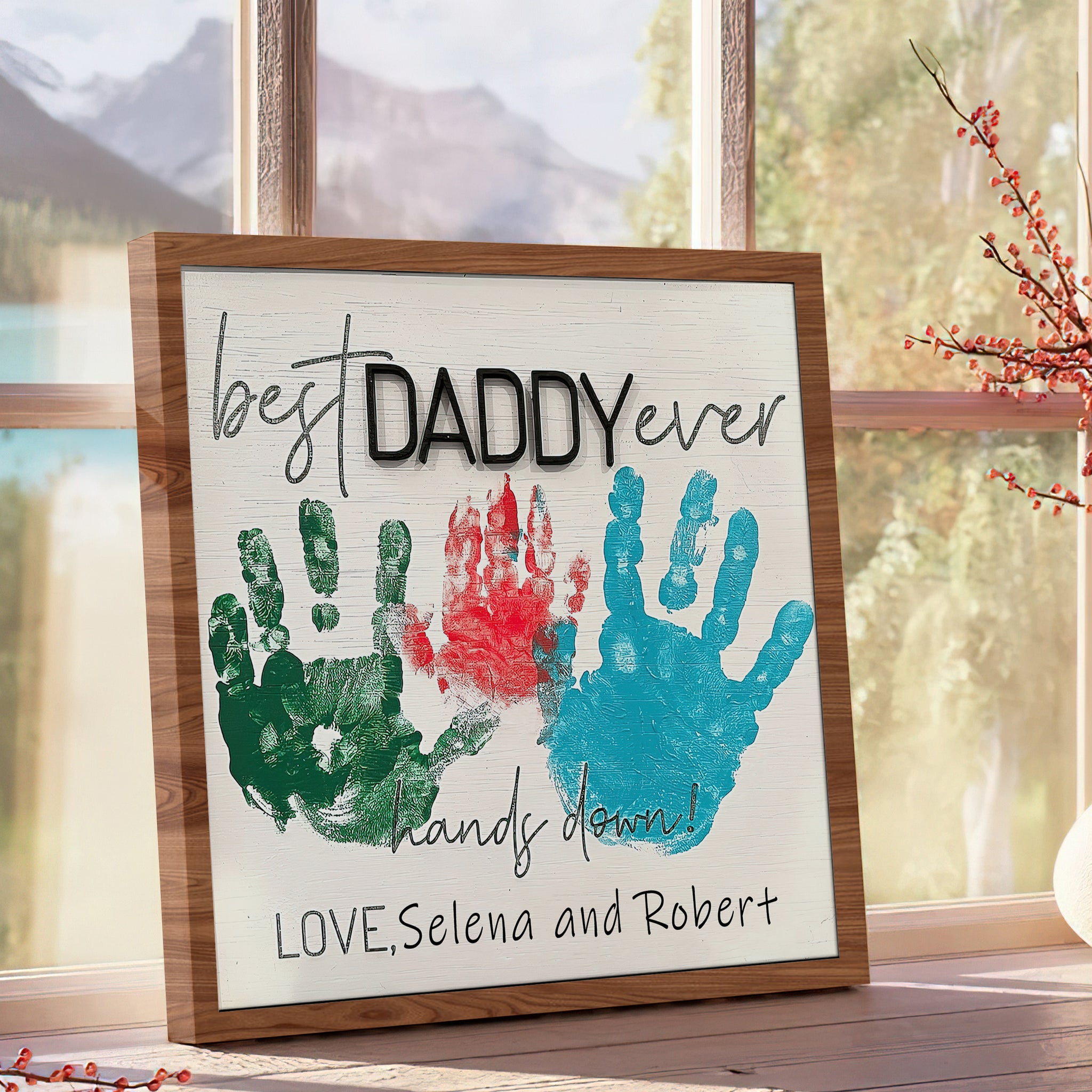 Wooden 3D Father Best Dad Ever Handprint Sign, Handprint 3D Sign, Hand Sign For Dad DD02