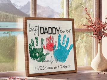 Wooden 3D Father Best Dad Ever Handprint Sign, Handprint 3D Sign, Hand Sign For Dad DD02