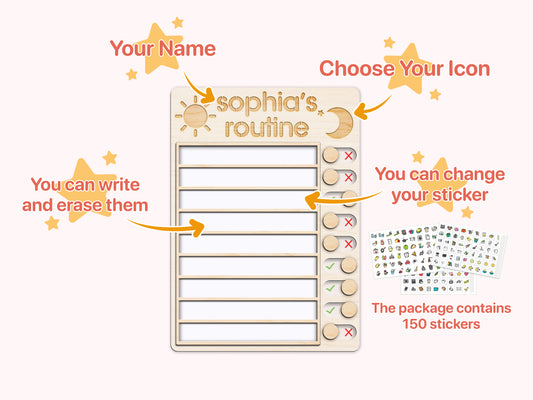 Wooden Routine Chart with 150+ Stickers, Morning and Bedtime Chore Chart PR01