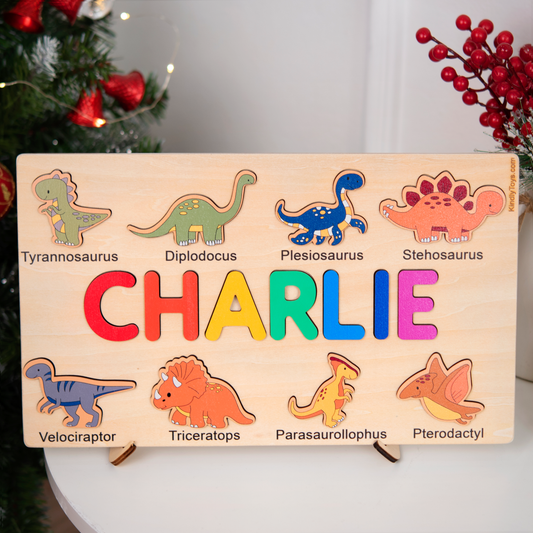 Cute Dinosaurs Name Puzzle For Toddlers, Baby Name Wooden Puzzle, Wooden Montessori Toys, 1st Birthday Gifts For Kids, First Christmas Gifts idea