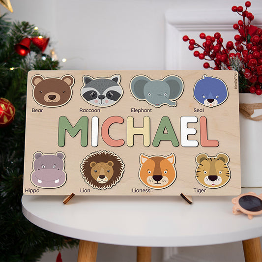 Animal Heads Personalized Name Puzzle - Wooden Montessori Toys, one year birthday present | KindlyToys